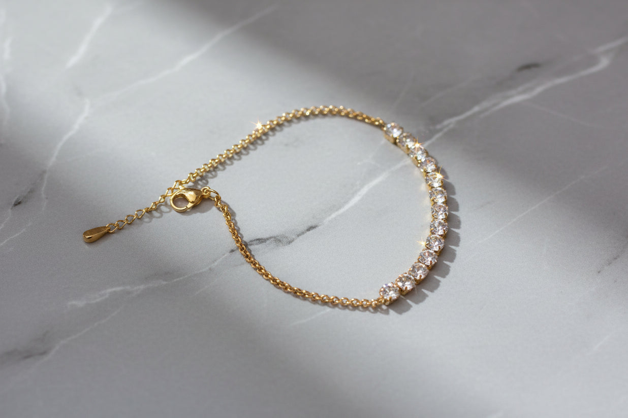 Coco Pearls Stainless steel anti tarnish Gold 13 stars bracelet with 13 diamonds on a light gray background,