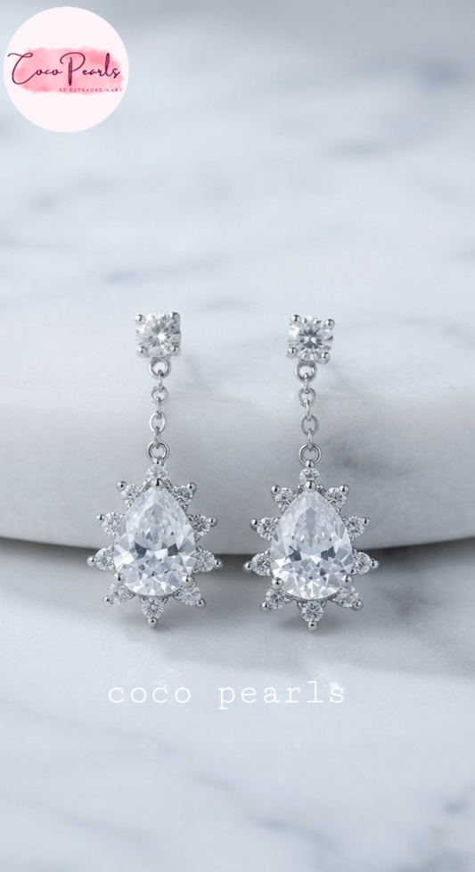 Coco pearls silver zircon studded earrings displayed on simple background
