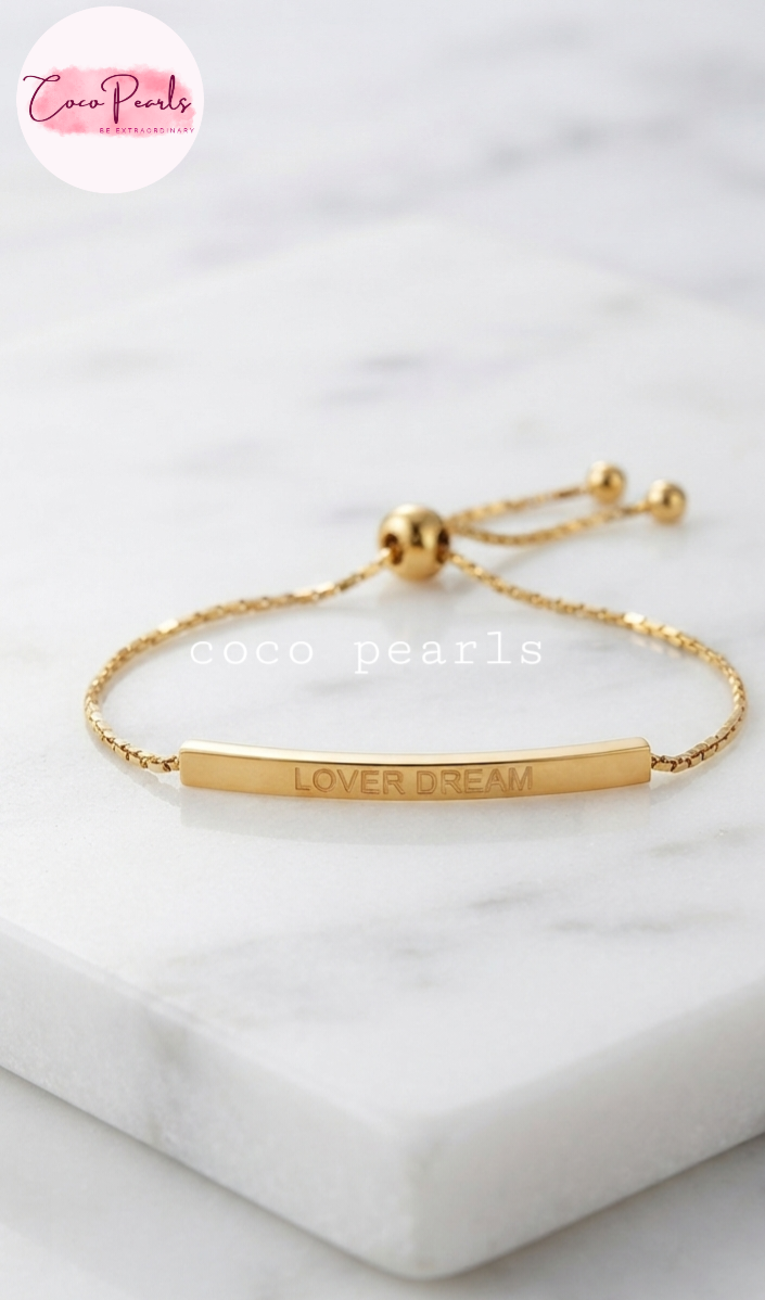 Coco pearls stainless Steel anti tarnish gold bar bracelet with lover dream engraved on it