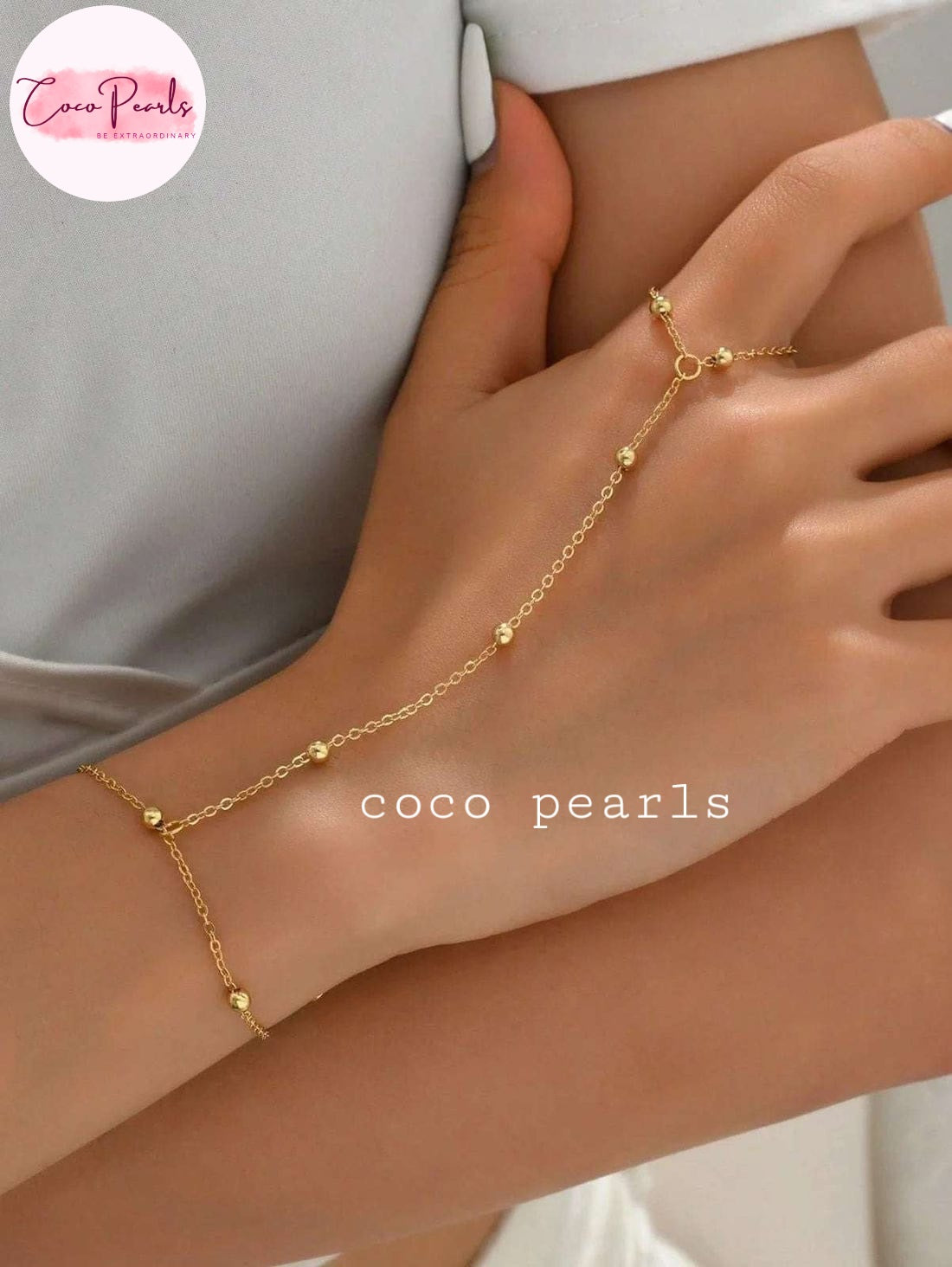 Coco pearls stainless Steel anti tarnish gold minimal ball chain hand harness displayed on hand
