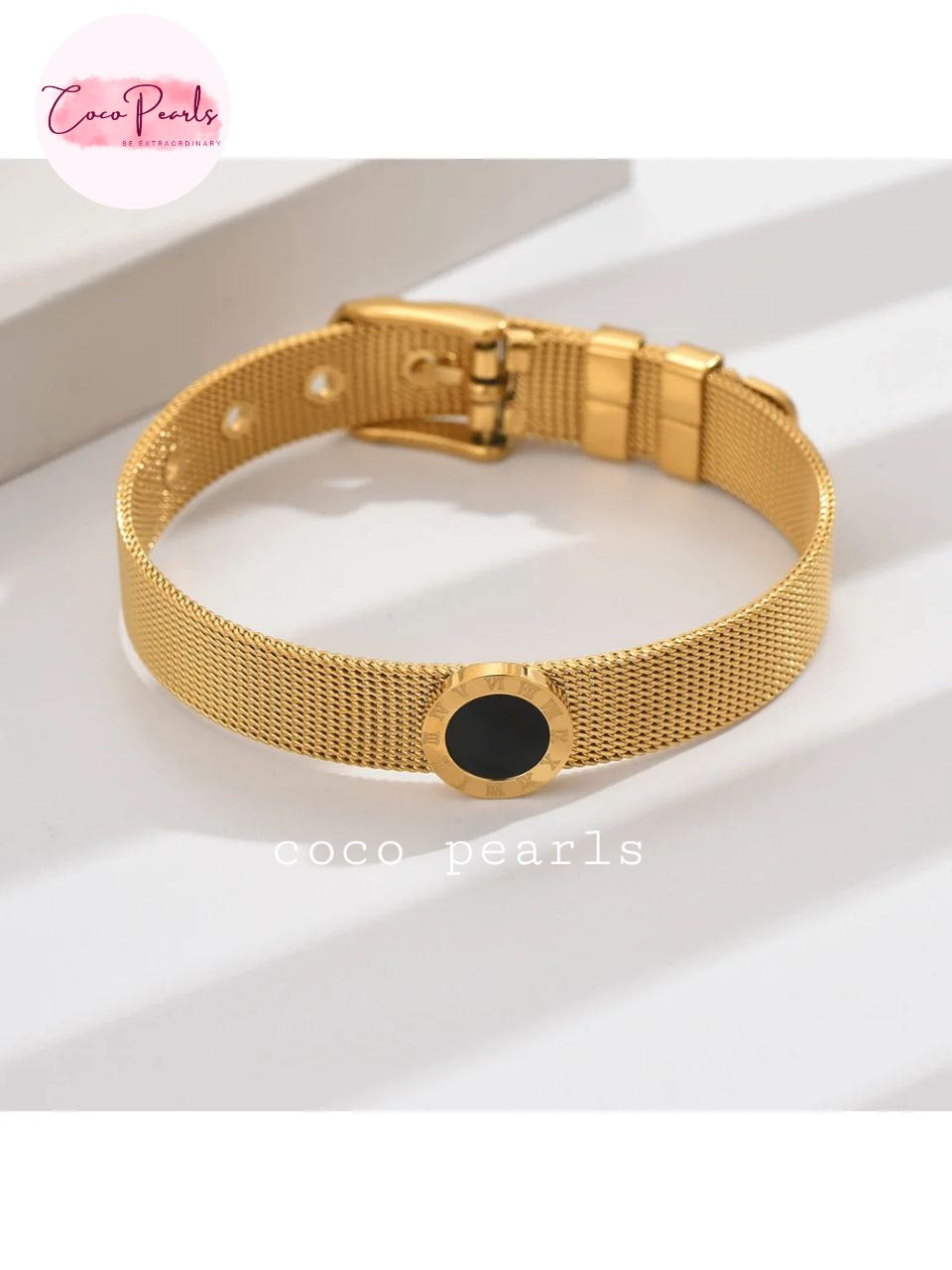 Coco pearls stainless Steel anti tarnish Gold mesh bracelet with a black center on a white background