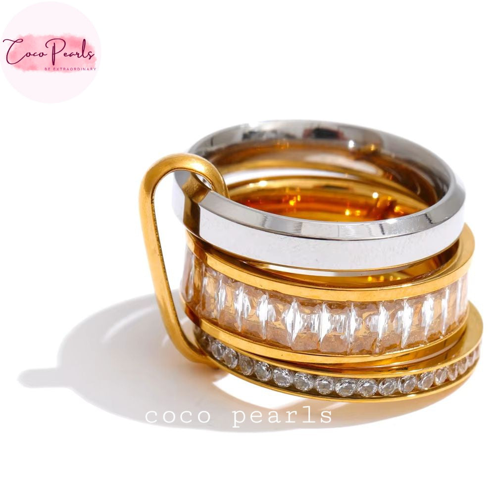 Coco pearls stainless Steel anti tarnish stack of three rings featuring gold, silver, and clear crystal elements, displayed on a clean white background