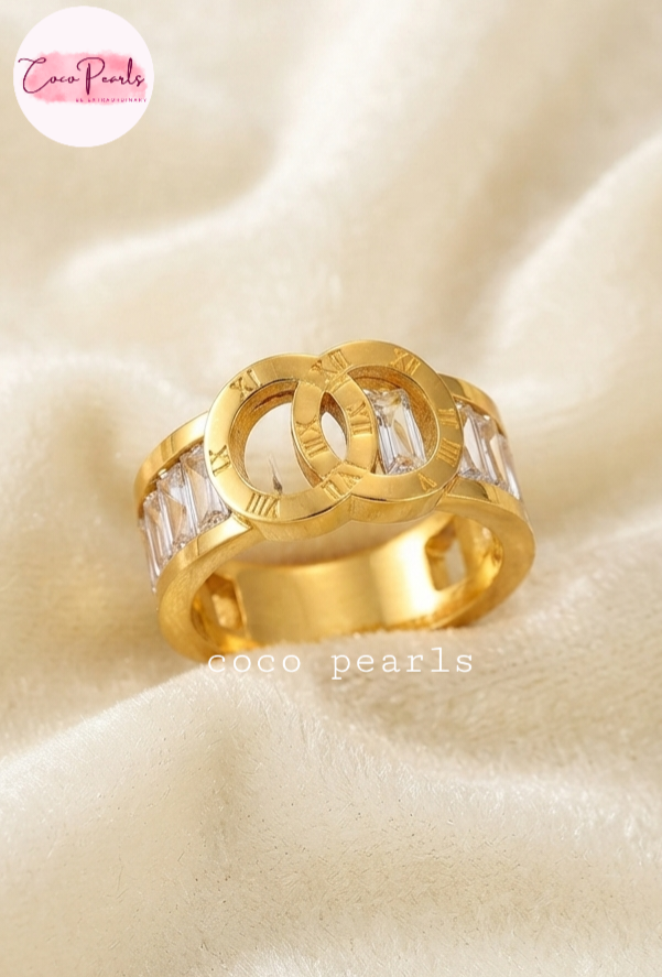 Coco pearls stainless Steel anti tarnish gold timeless coco ring displayed on simple background