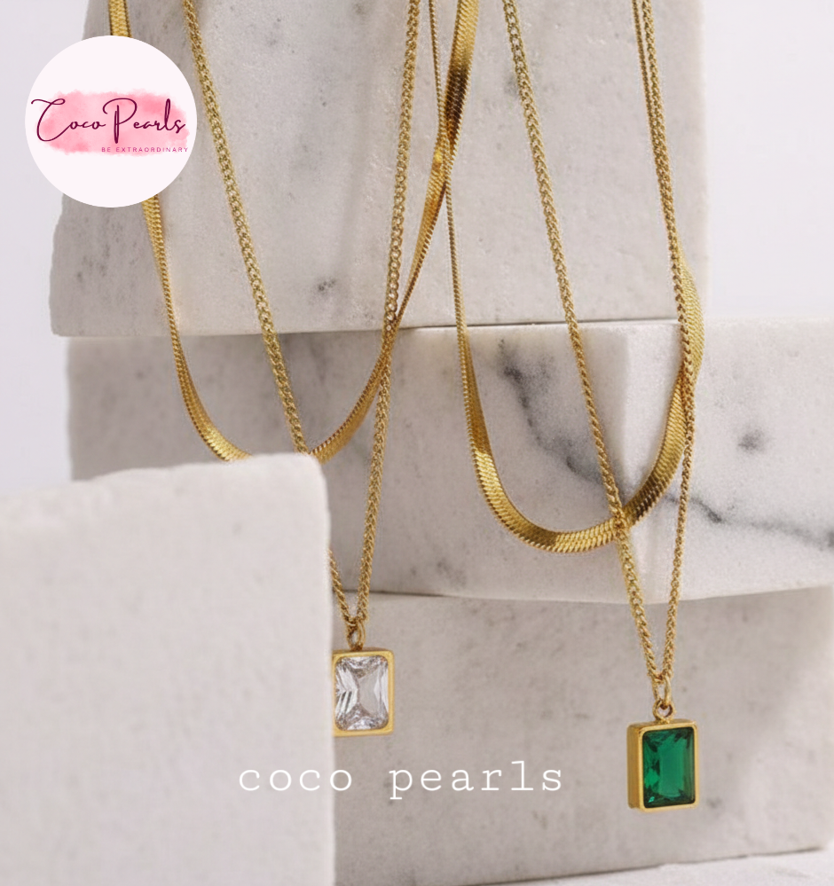 coco pearls stainless steel anti tarnish gold dual elegance necklace which snake chain and simple chain and a rectangular hanging charm