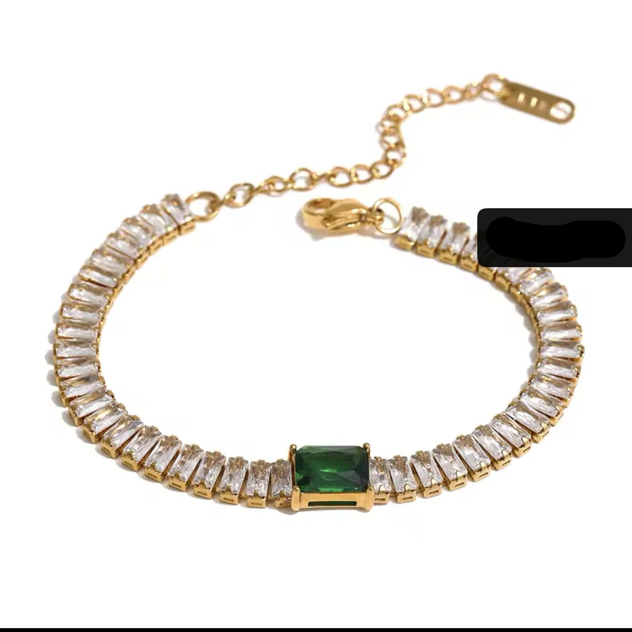 Coco Pearls Stainless steel anti tarnish Gold bracelet with emerald and diamonds on a white background