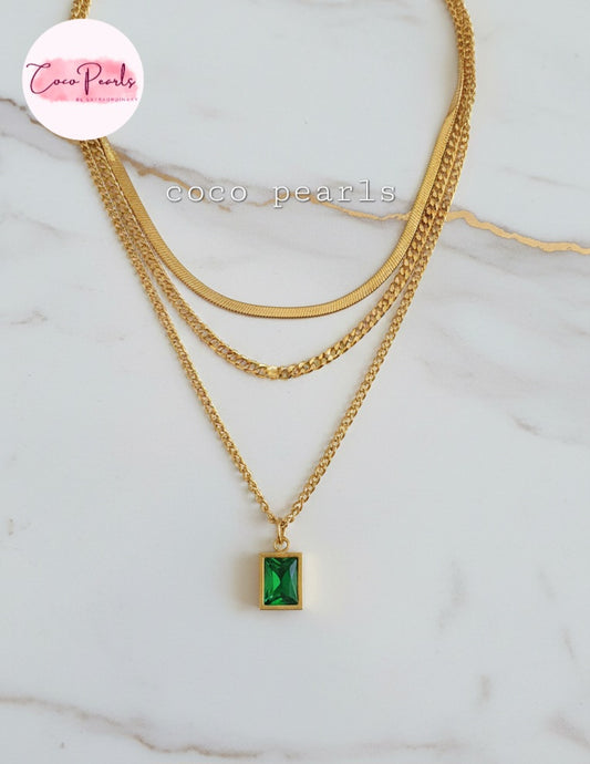 Coco Pearls Stainless Steel Anti Tarnish Gold emerald trio triple chain necklace with a green pendant