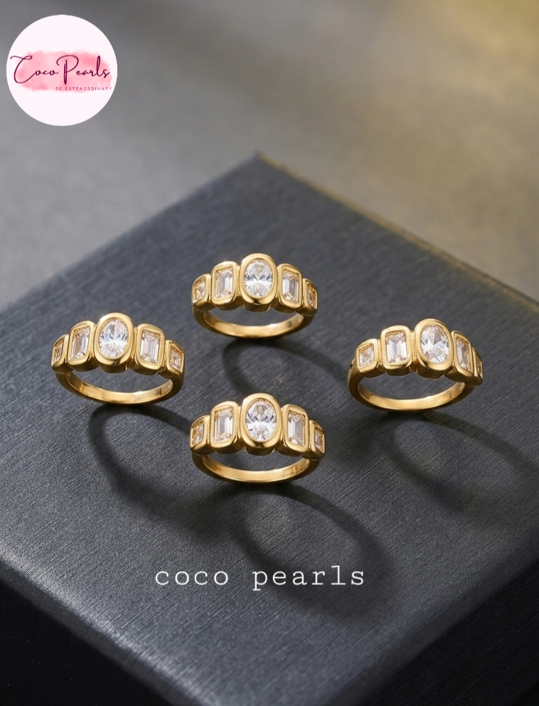 coco pearls stainless steel anti tarnish set of golden quad ring with diamonds on a grey jewelry background