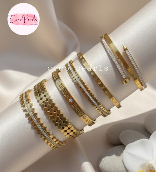 Coco pearls Stainless Steel Anti tarnish golden handcuff bangle bracelets