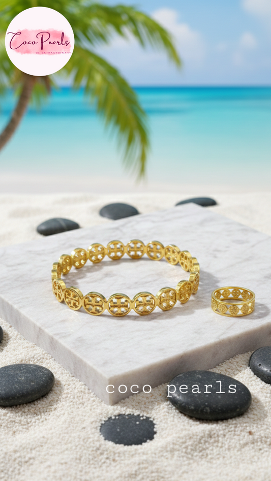 coco pearls stainless steel anti tarnish gold interlocking logo handcuff and ring with all over logos connected