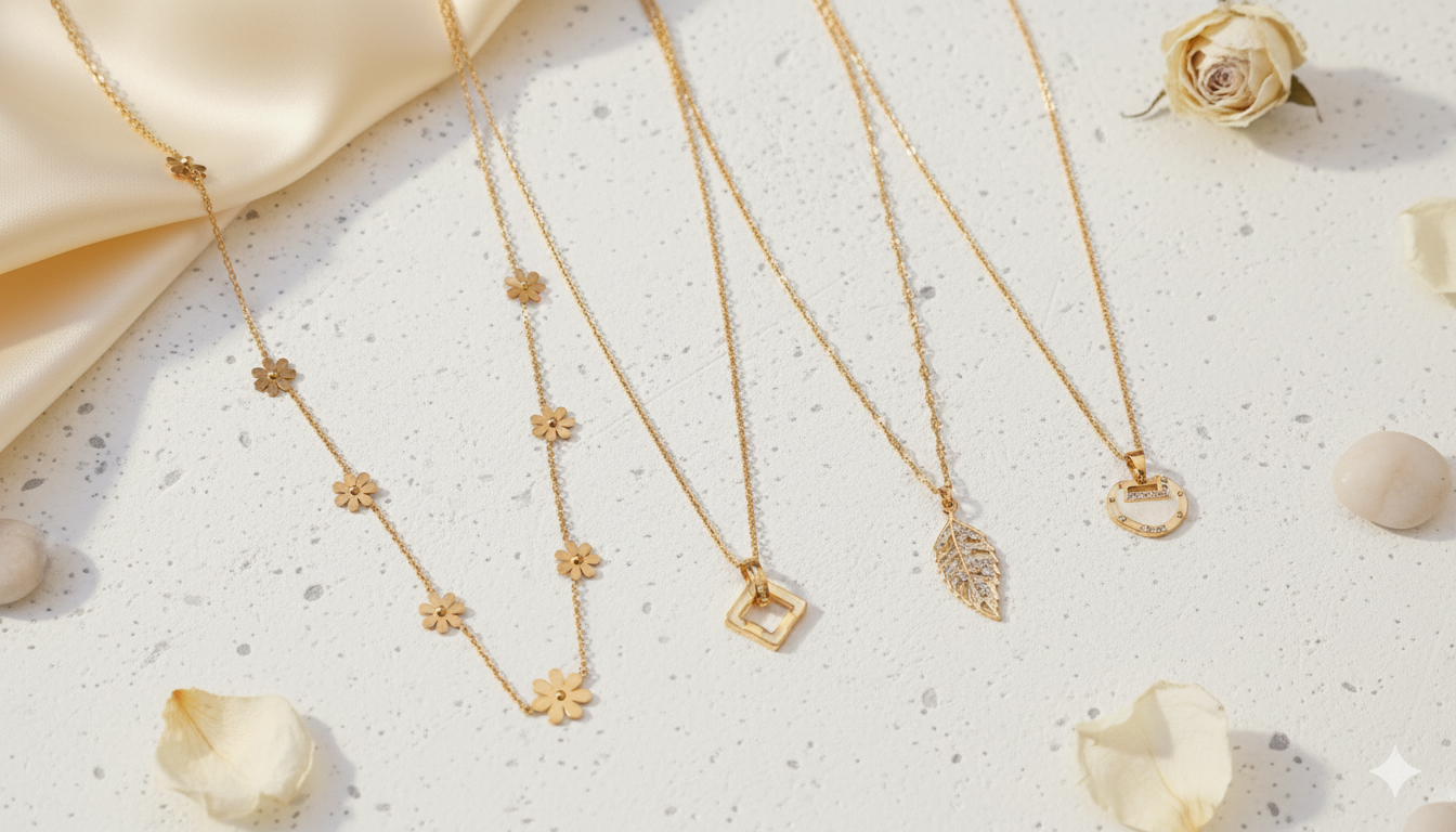 Coco Pearls Stainless Steel Anti Tarnish Three gold necklaces on a textured surface with flower petals