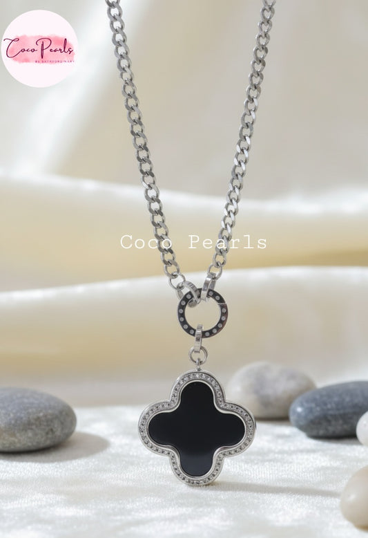 Coco Pearls Stainless Steel Anti Tarnish silver Black and white double sided clover pendant long mala necklace on a white background