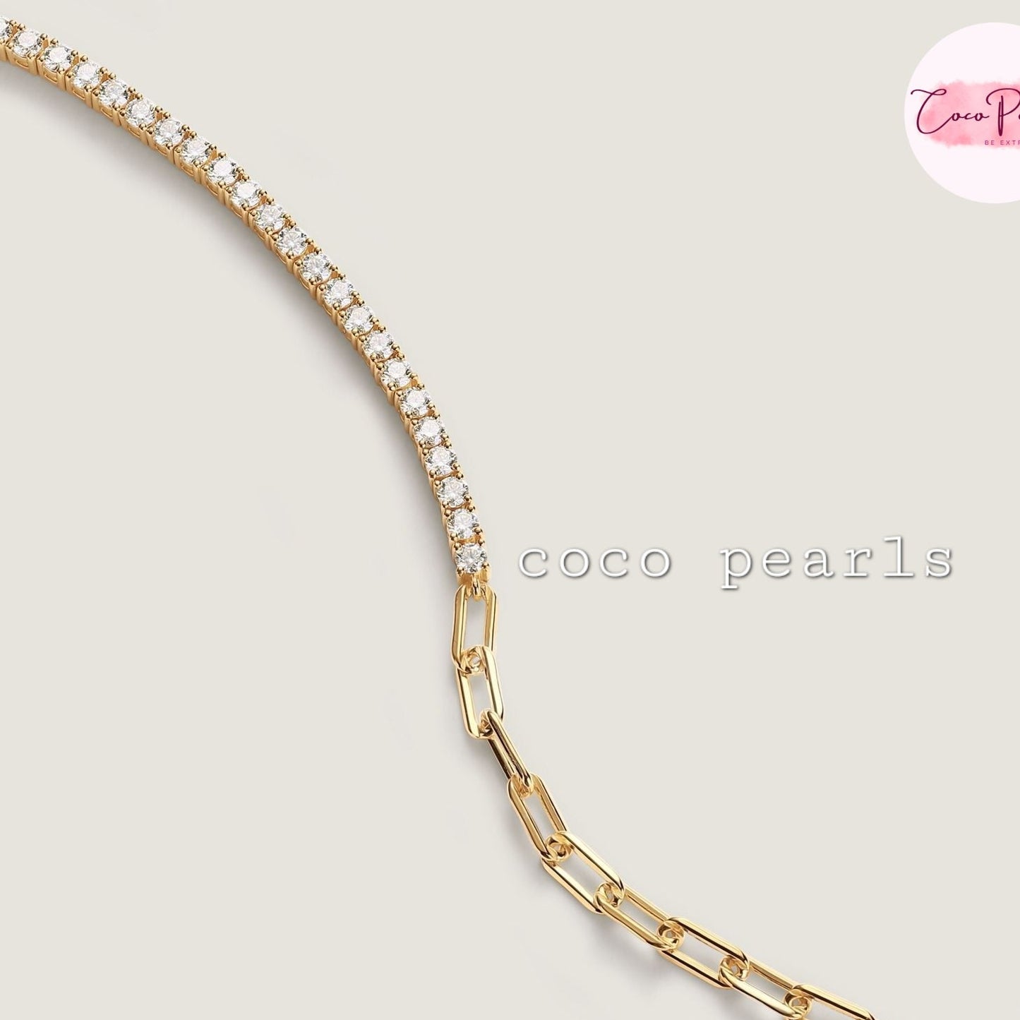 Coxo pearls stainless Steel anti tarnish Gold bracelet with clear stones on a light beige background