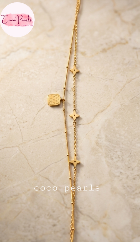 Coco Pearls Stainless steel Anti Tarnish Gold starry night anklet featuring flowers and a light background.
