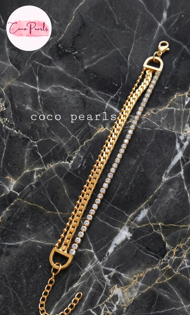 Coco Pearls Stainless steel anti tarnish Gold triple harmony bracelets with dot chain mesh chain and diamond studded chain