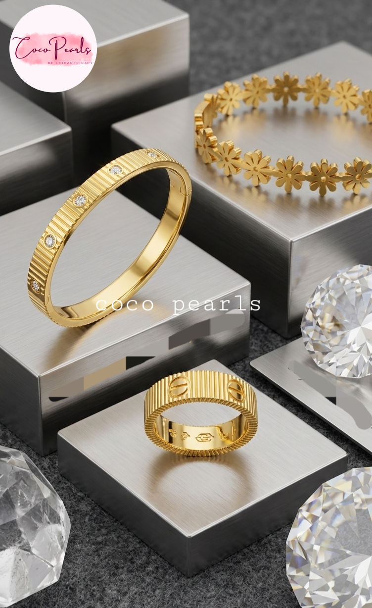 coco pearls stainless steel anti tarnish golden handcuffs and ring