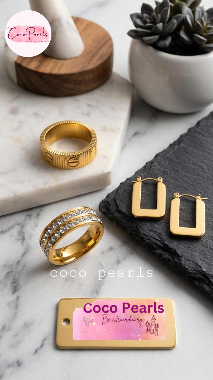 coco pearls stainless steel anti tarnish golden studs and rings displayed on light background