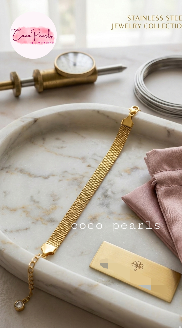 Coco Pearls Stainless Steel Anti tarnish gold thin mesh bracelet displayed on simple background