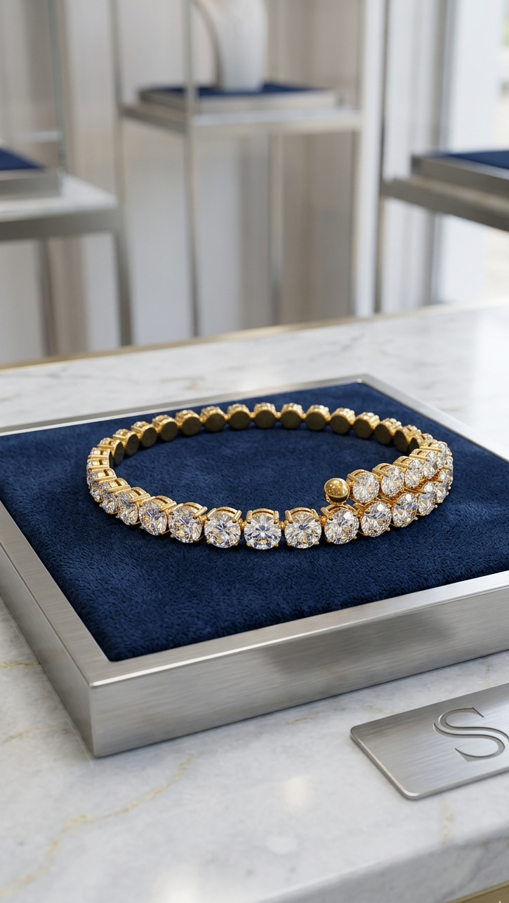 Coco pearls stainless Steel anti tarnish Gold and diamond bracelet on a blue cushion in a jewelry display case.