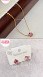 Coco pearls stainless Steel anti tarnish gold necklace with a pink milestone crystal pendant and matching pink milestone stud earrings on a white display card