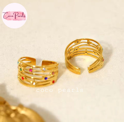 Coco pearls stainless Steel anti tarnish Two gold multi-band open cuff rings with colorful rhinestones