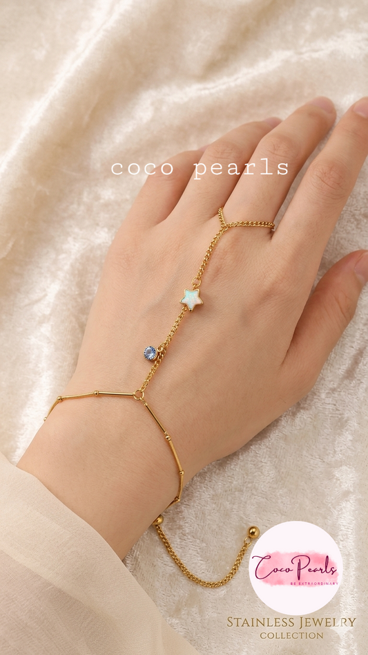 Coco pearls stainless Steel anti tarnish gold  celestial hand harness wirh ring displayed on hand 