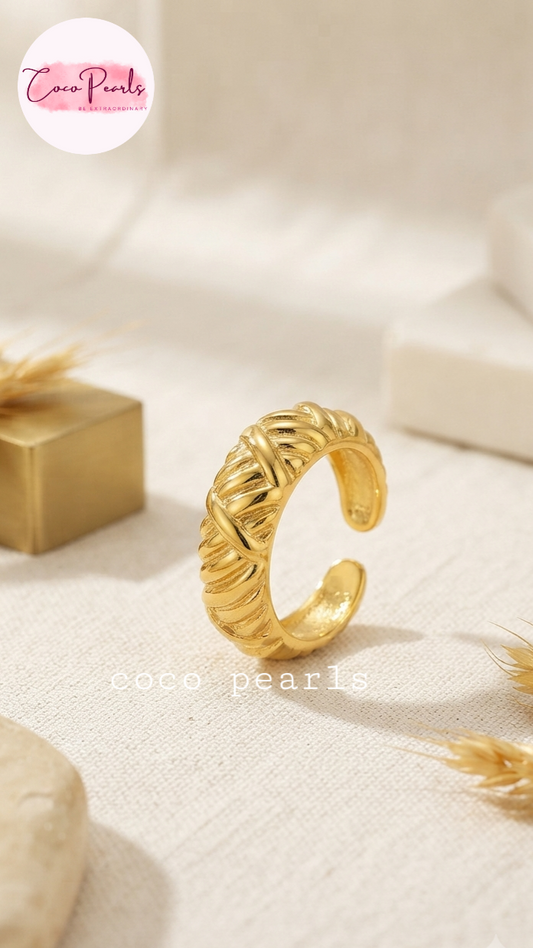Coco pearls adjustable ring displayed on simple background 