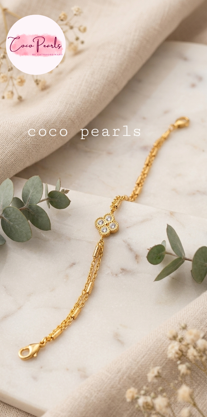 Coco pearls stainless Steel anti tarnish gold  crystal clover bracelet 