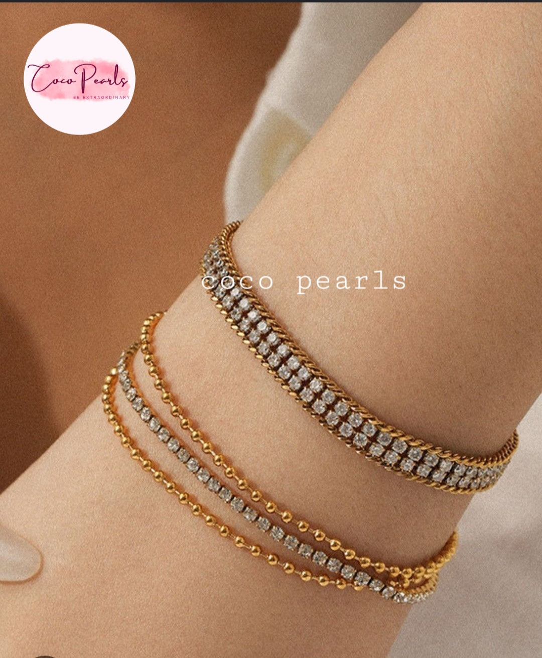 Coco pearls stainless Steel anti tarnish Three delicate gold bracelets with clear pavé and bead details, stacked on a person's wrist.
