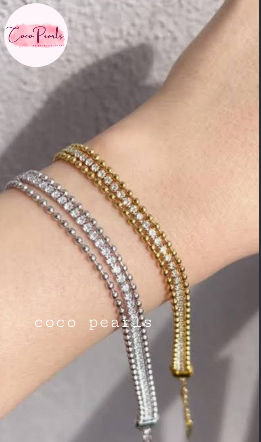 Coco pearls stainless Steel anti tarnish Two beaded tennis-style bracelets on a wrist, one in yellow gold and one in silver, with a Coco Pearls logo in the top left corner.