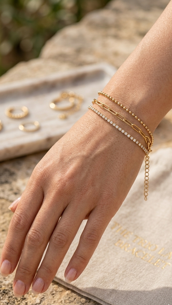 Coco Pearls Stainless Steel Anti Tarnish Gold chain and crystal bracelet on hand