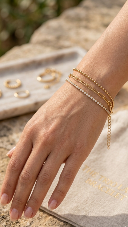 Coco Pearls Stainless Steel Anti Tarnish Gold chain and crystal bracelet on hand