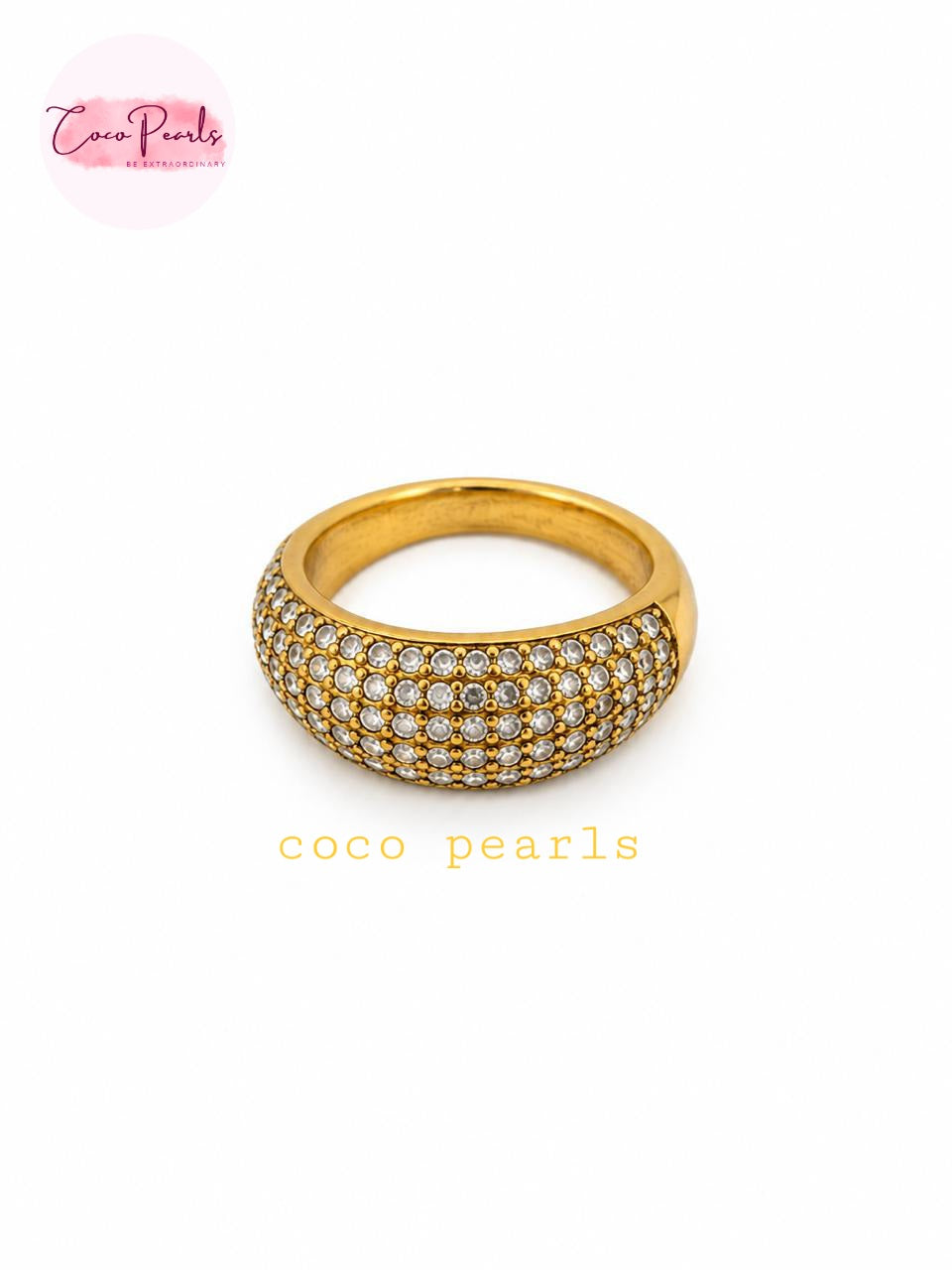 Coco pearls stainless Steel anti tarnish gold ring with a dome-shaped pavé setting set with clear crystals, shown on a white background