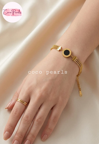 Coco pearls stainless Steel anti tarnish gold  double sided 3 layer chain bracelet 