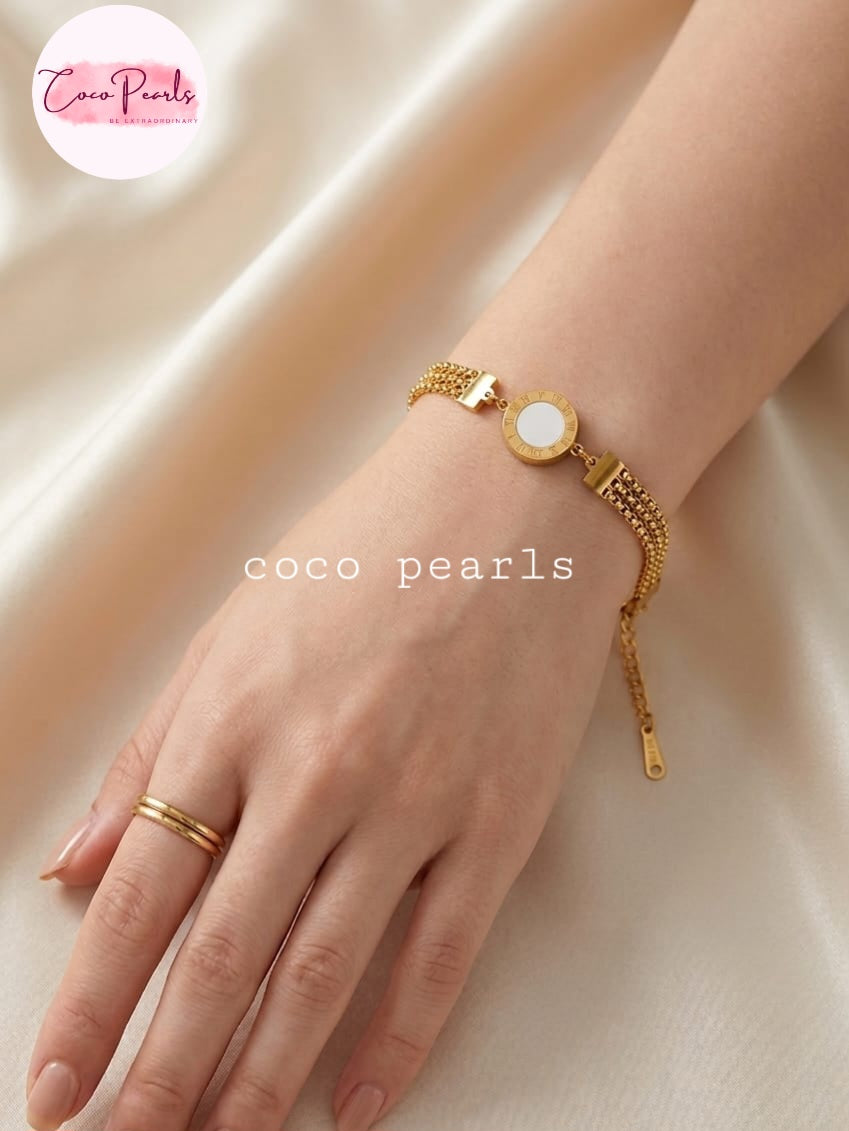 Coco pearls stainless Steel anti tarnish gold  double sided roman glow bracelet