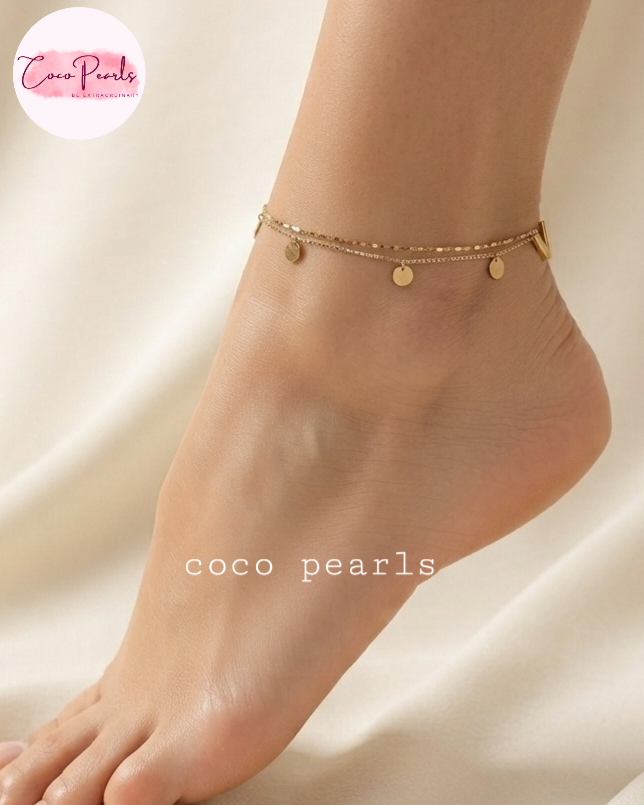 Coco pearls stainless Steel anti tarnish gold duo disc anklet displayed on foot