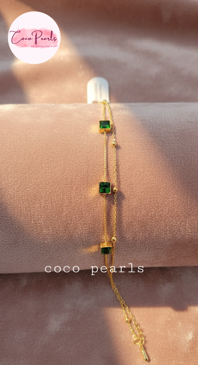 Coco Pearls Stainless Steel Anti Tarnish Gold emerald trio bracelet with three green gemstones 