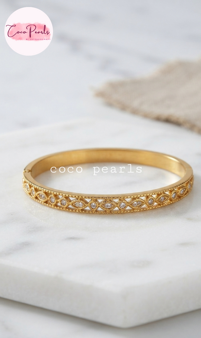 Coco pearls stainless Steel anti tarnish gold diamond studded engraved handcuff