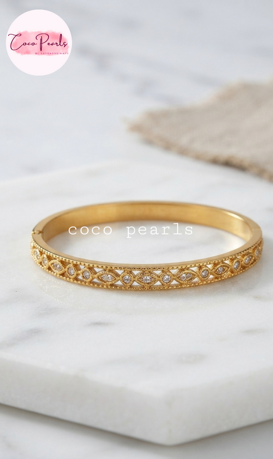 Coco pearls stainless Steel anti tarnish gold diamond studded engraved handcuff