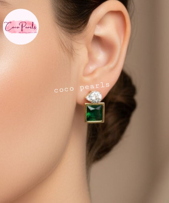 Coco pearls stainless Steel anti tarnish gols studs with white and grenn gemstone diplayed on ear 