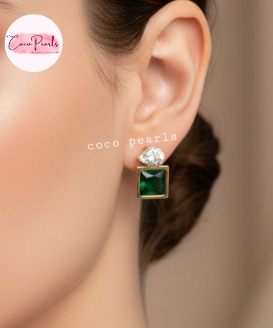 Coco pearls stainless Steel anti tarnish gols studs with white and grenn gemstone diplayed on ear 