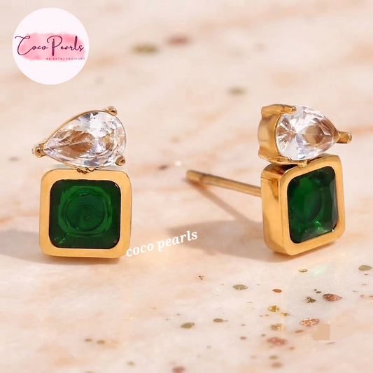 Coco pearls stainless Steel anti tarnish gold studs with green gemstone in center and white stone on top