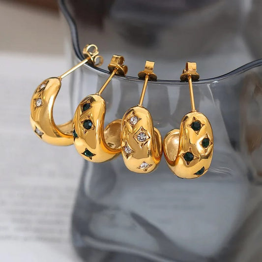 Coco pearls stainless Steel anti tarnish gold glitz curve diamond studded hoops