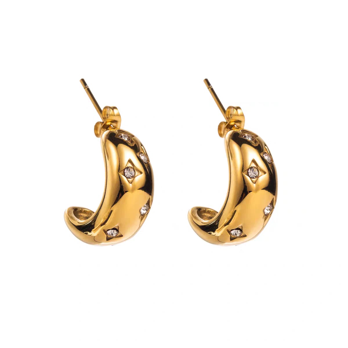 Coco pearls stainless Steel anti tarnish gold glitz curve diamond studded hoops 