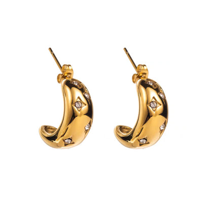 Coco pearls stainless Steel anti tarnish gold glitz curve diamond studded hoops 
