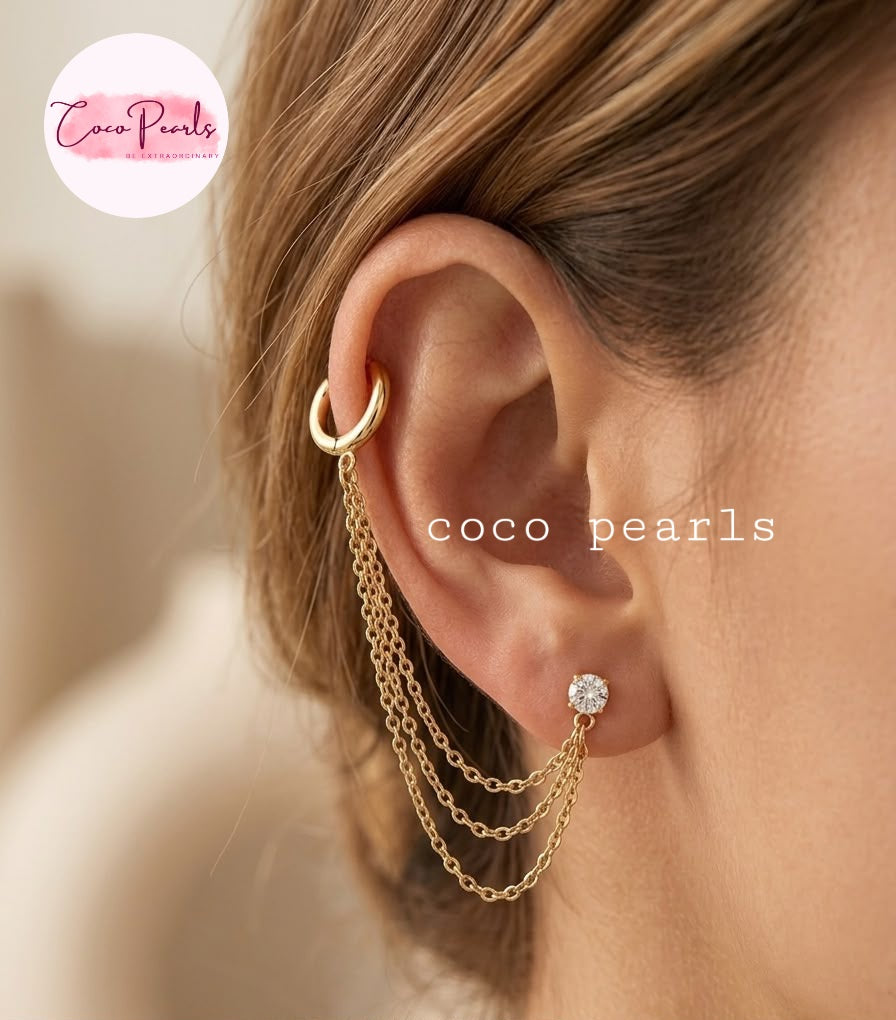 Coco pearls stainless Steel anti tarnish gold  diamond studded earcuffs 