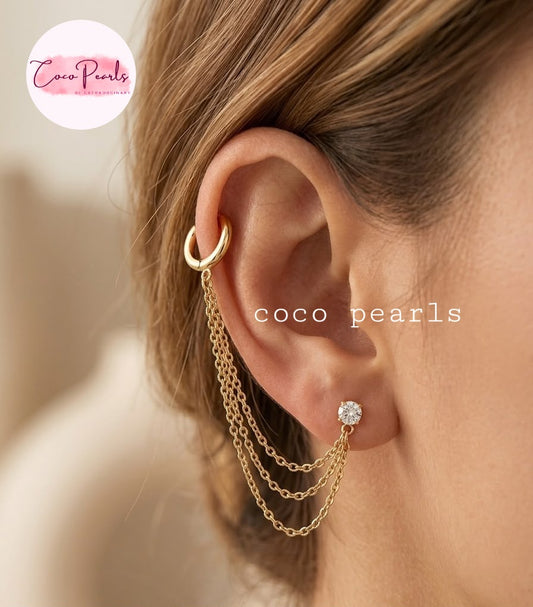 Coco pearls stainless Steel anti tarnish gold  diamond studded earcuffs 