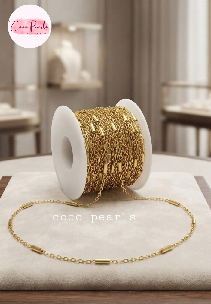 Coco pearls stainless Steel anti tarnish gold bar chain displayed on roll