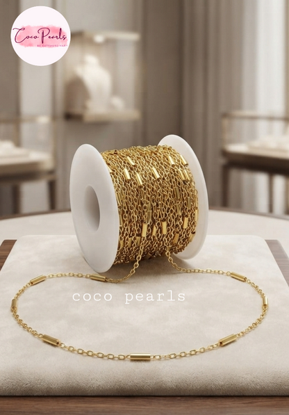 Coco pearls stainless Steel anti tarnish gold bar chain displayed on roll