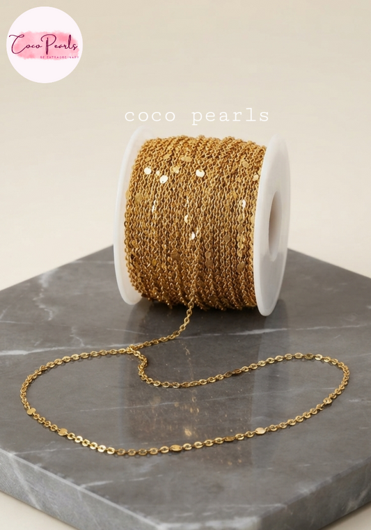 Coco pearls stainless Steel anti tarnish gold dainty chain displayed on simple background 