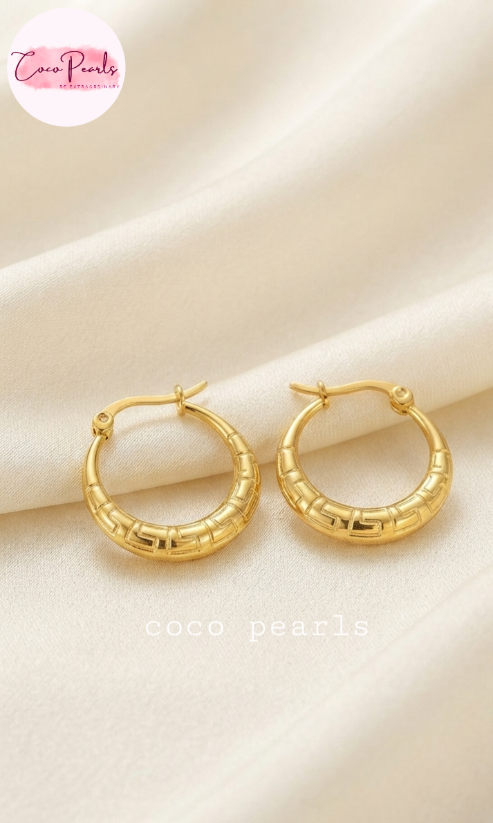 Coco pearls stainless Steel anti tarnish gold greek hoop bali displayed on simple background 
